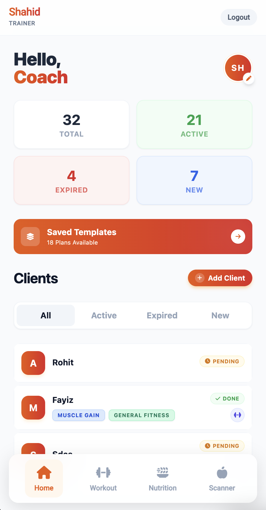AeroxFit Trainee Action Plan: Mobile screen showing daily workout and nutrition tasks for athletes.